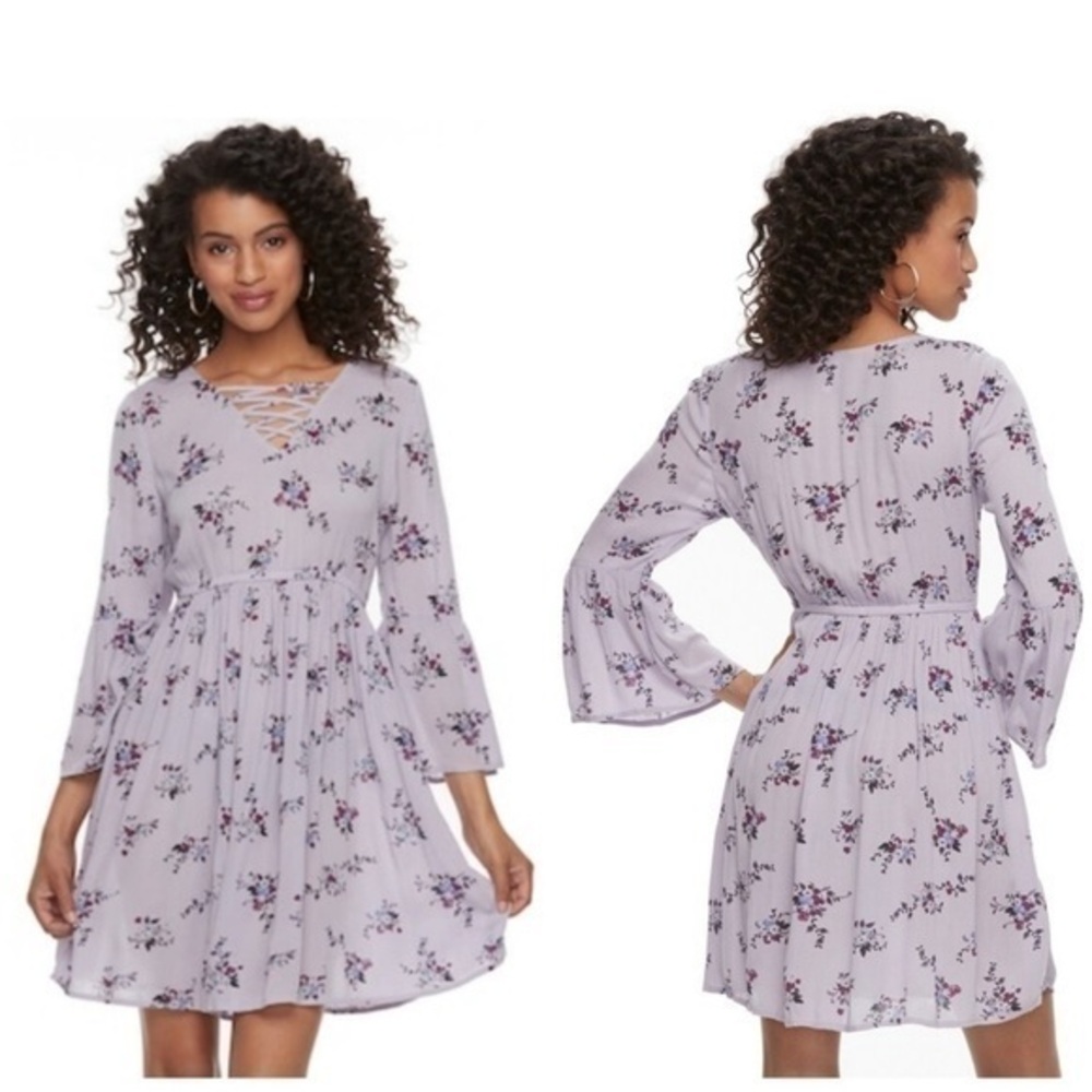 Mudd Floral Boho Romantic Midi Dress Bell Sleeve Lavender Lilac Small
